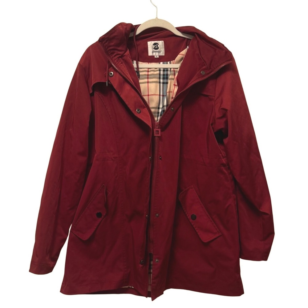 Saphirose Womens Burgundy Red Hooded Trench Coat Plaid Lined Rain Jacket XL